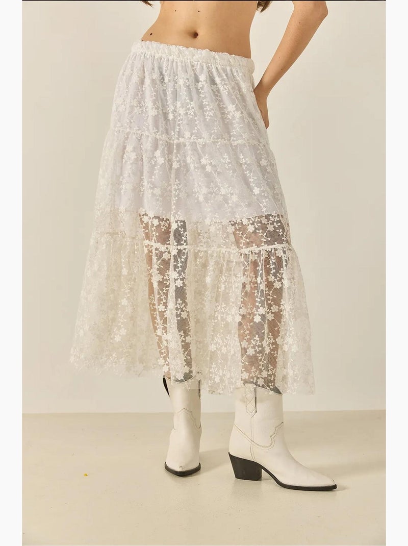 Saia comprida de cintura subida com folhos e renda floral lucci Branco - Kiabi