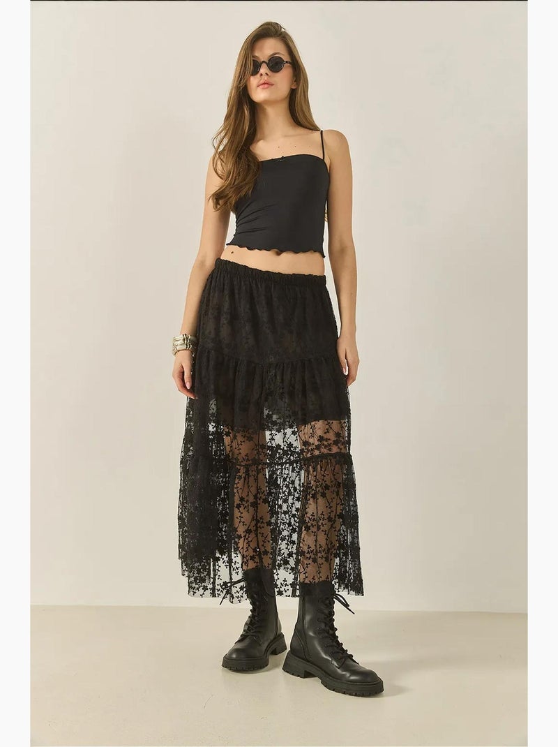 Saia comprida de cintura subida com folhos e renda floral lucci Preto - Kiabi