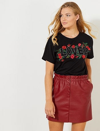 Saia em pele sintética com cintura franzida - Kiabi