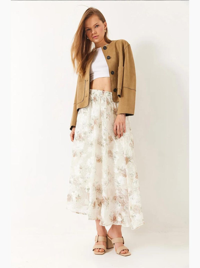 Saia evasé com cintura elástica, tule bordado floral e forro detalhado lucci Branco sujo - Kiabi