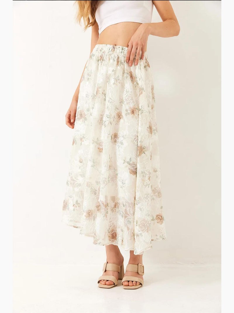 Saia evasé com cintura elástica, tule bordado floral e forro detalhado lucci Branco sujo - Kiabi