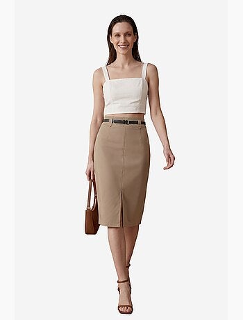 Saia lápis midi de cintura subida com racha my fashion