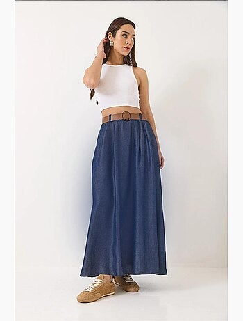 Saia longa flare em ganga com cinto e bolsos lucci