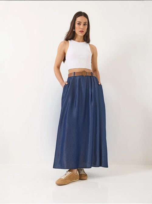 Saia longa flare em ganga com cinto e bolsos lucci - Kiabi Saia longa flare em ganga com cinto e bolsos lucci - Kiabi