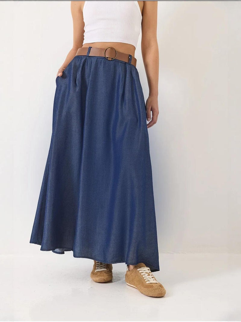 Saia longa flare em ganga com cinto e bolsos lucci Azul-marinho - Kiabi