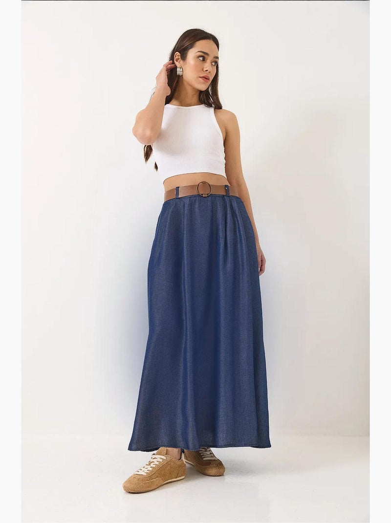 Saia longa flare em ganga com cinto e bolsos lucci Azul-marinho - Kiabi