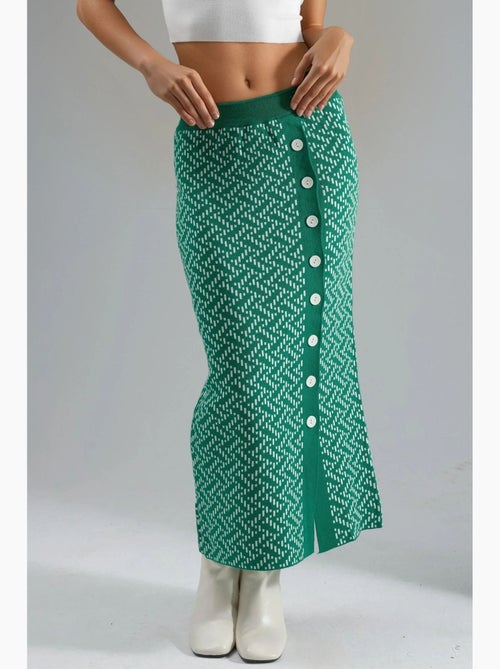 Saia maxi de malha geométrica de cintura subida com fecho de botões my fashion - Kiabi Saia maxi de malha geométrica de cintura subida com fecho de botões my fashion - Kiabi