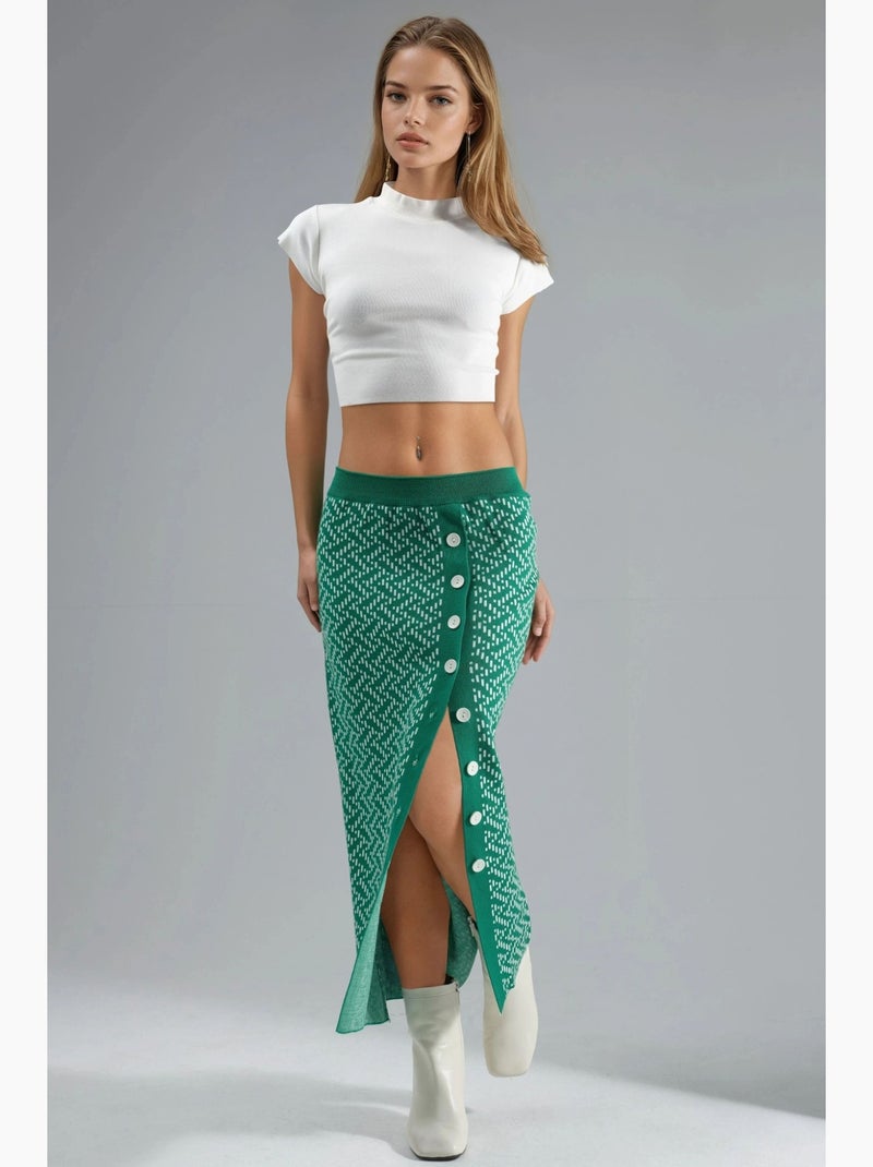Saia maxi de malha geométrica de cintura subida com fecho de botões my fashion Verde escuro - Kiabi