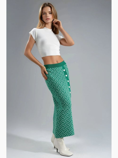 Saia maxi de malha geométrica de cintura subida com fecho de botões my fashion - Kiabi Saia maxi de malha geométrica de cintura subida com fecho de botões my fashion - Kiabi