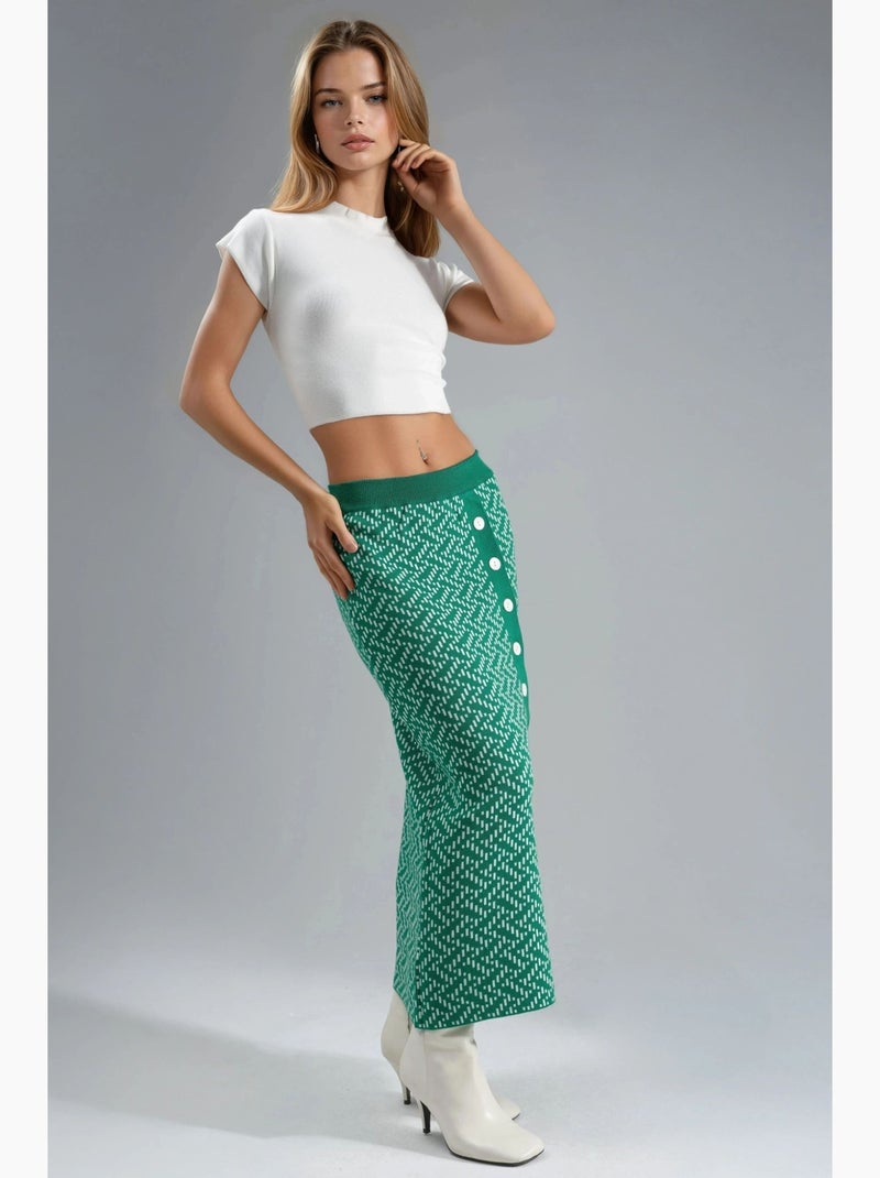 Saia maxi de malha geométrica de cintura subida com fecho de botões my fashion Verde escuro - Kiabi