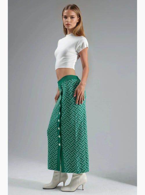 Saia maxi de malha geométrica de cintura subida com fecho de botões my fashion - Kiabi Saia maxi de malha geométrica de cintura subida com fecho de botões my fashion - Kiabi