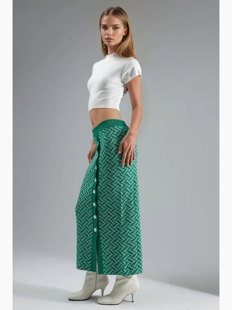 Saia maxi de malha geométrica de cintura subida com fecho de botões my fashion Verde escuro - Kiabi