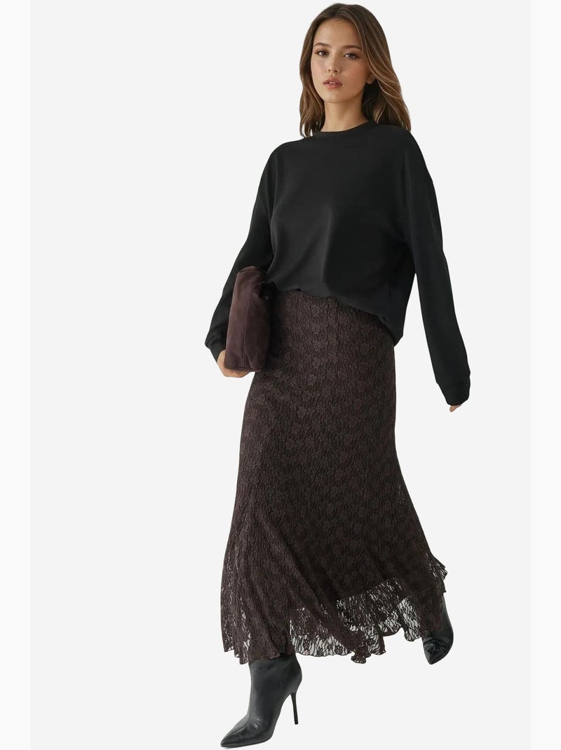 Saia maxi de renda de cintura subida hiccup Castanho-escuro - Kiabi