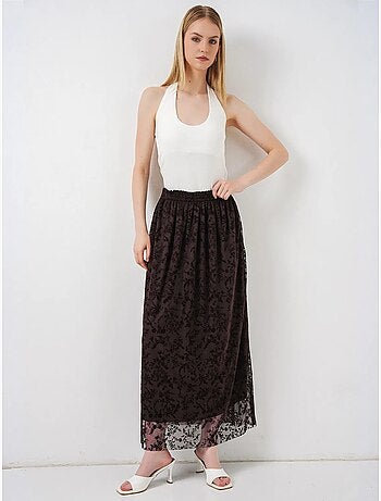 Saia maxi em linha a de cintura alta com flores bdart