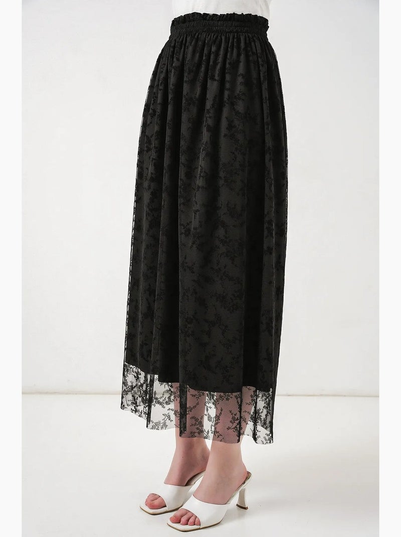 Saia maxi em linha a de cintura alta com flores bdart Preto - Kiabi