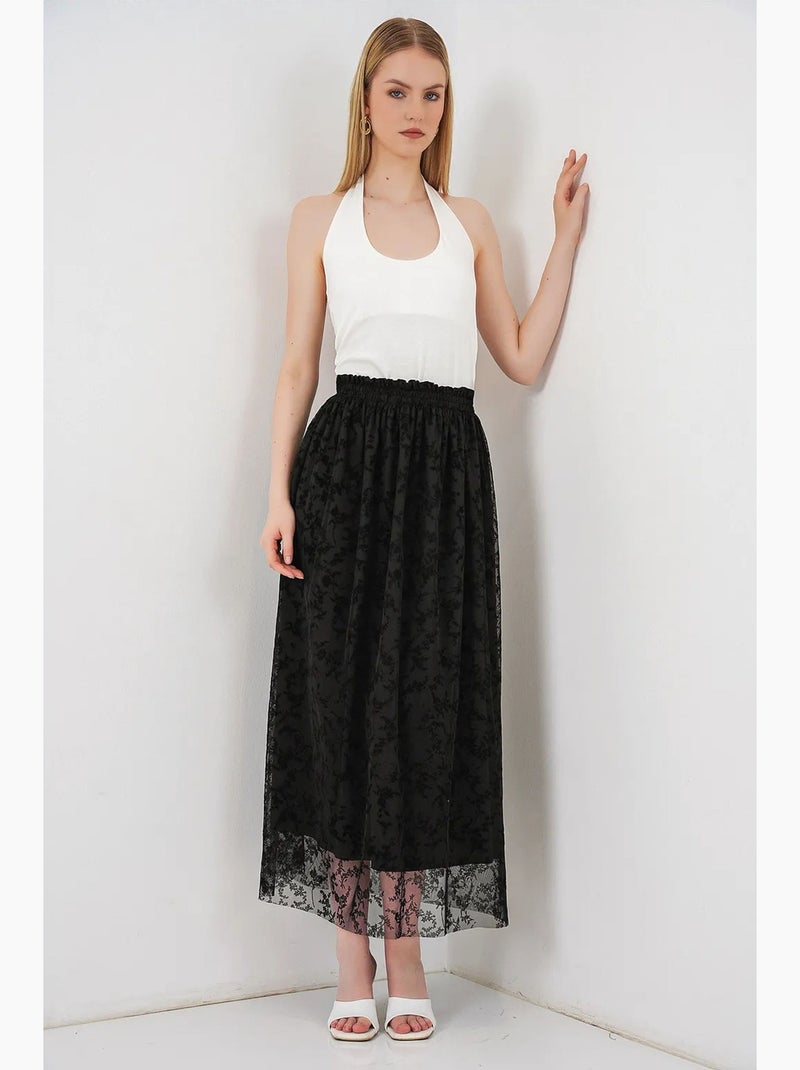 Saia maxi em linha a de cintura alta com flores bdart Preto - Kiabi