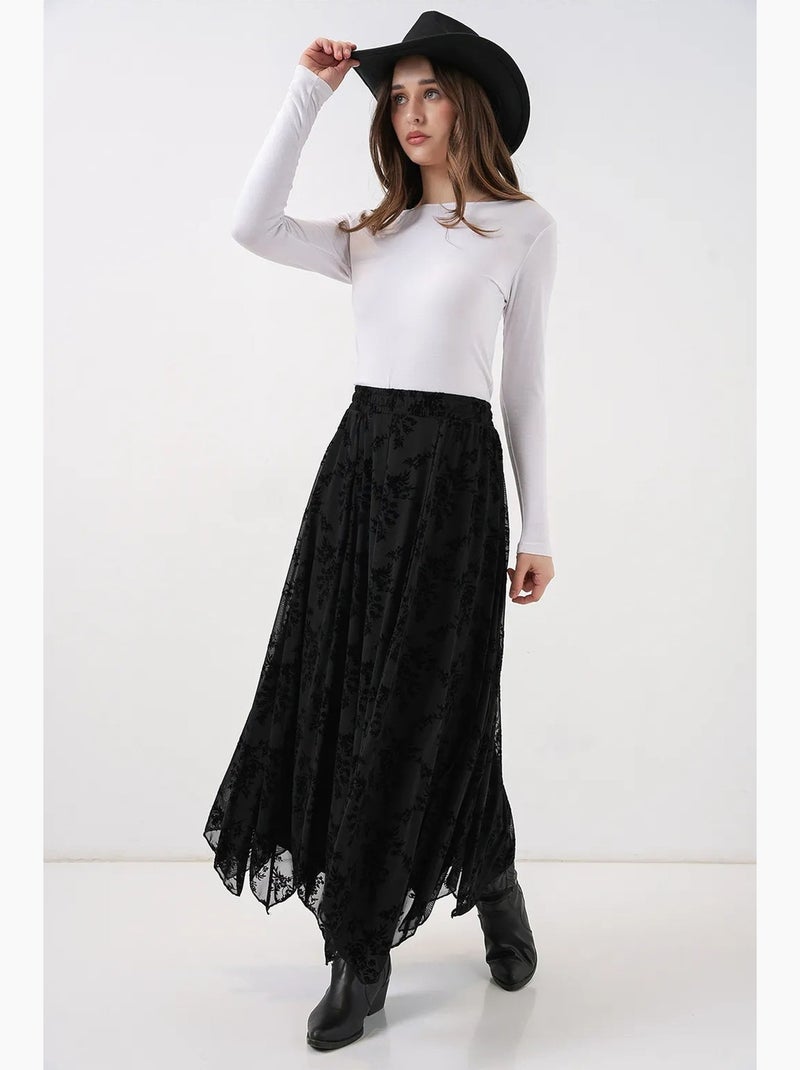 Saia maxi em linha a de cintura subida com padrão floral bdart Preto - Kiabi