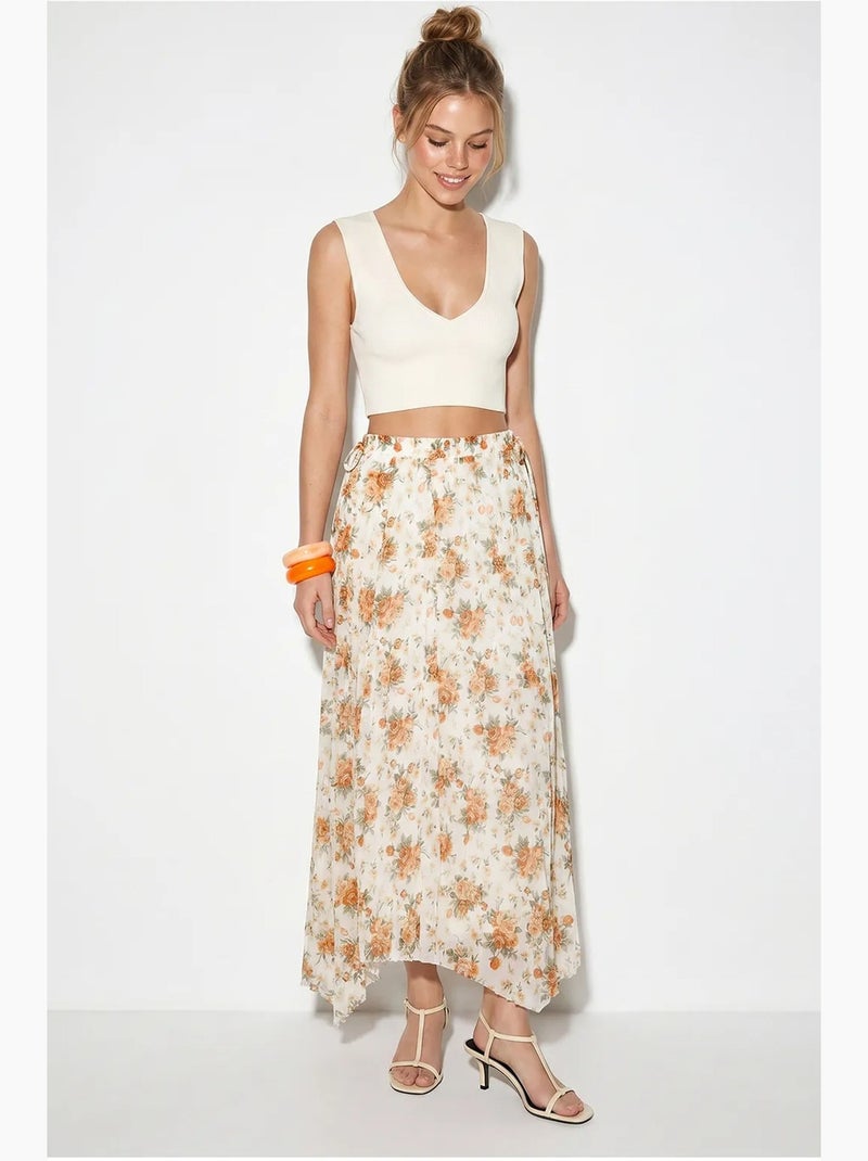 Saia maxi floral de cintura alta lucci Branco Laranja - Kiabi
