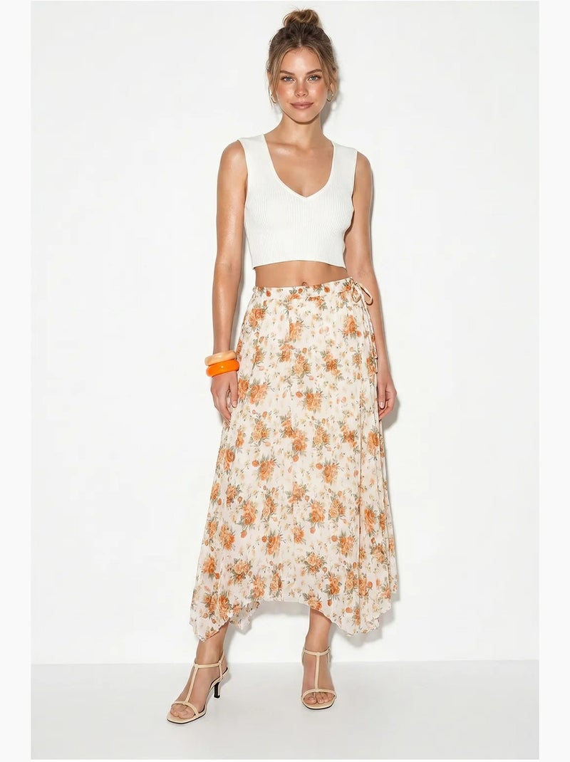 Saia maxi floral de cintura alta lucci Branco Laranja - Kiabi