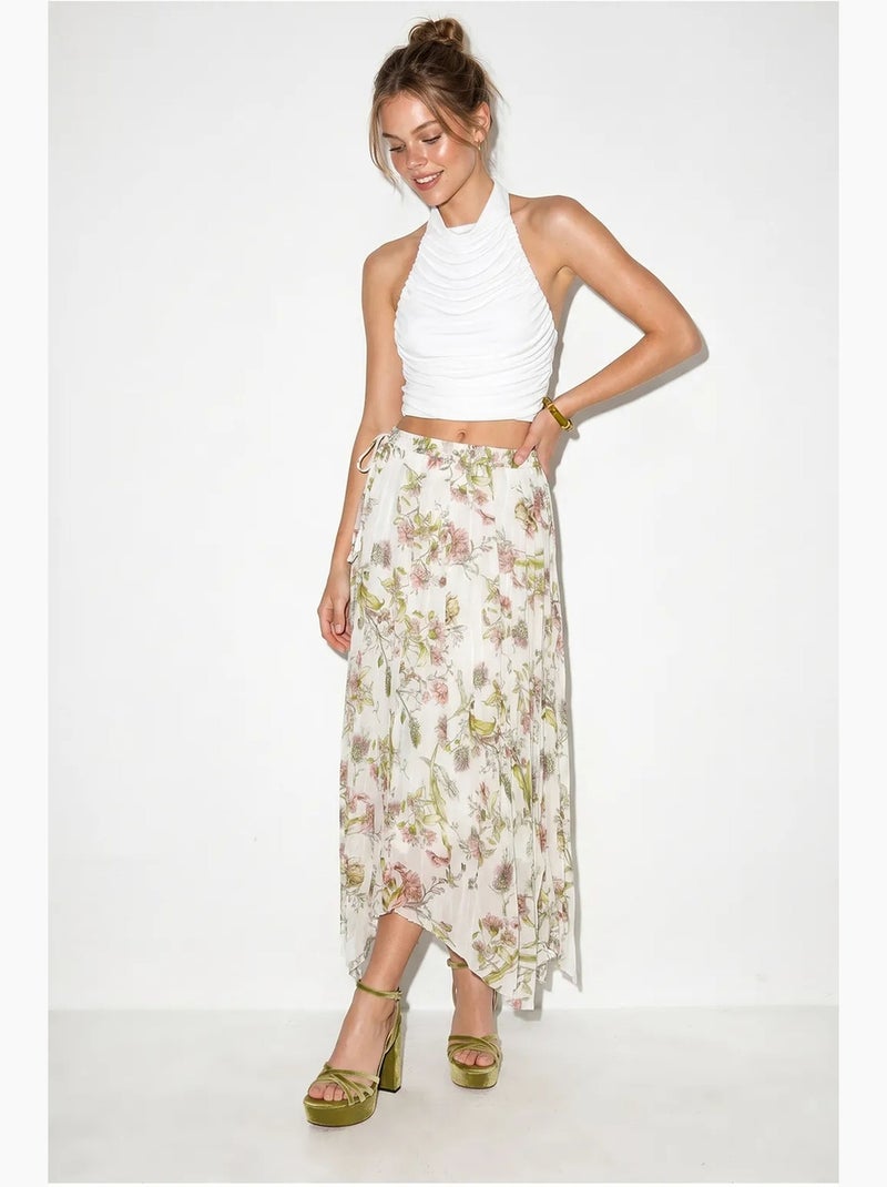 Saia maxi floral de cintura alta lucci Branco Verde - Kiabi
