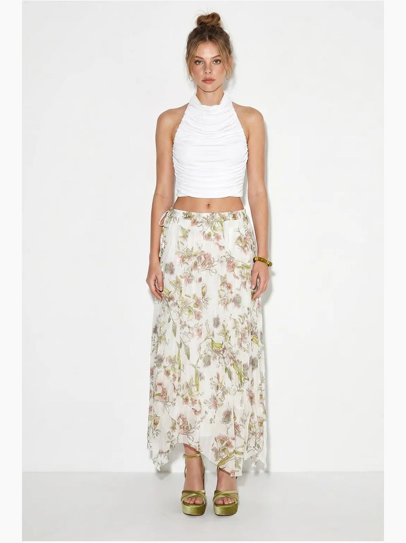 Saia maxi floral de cintura alta lucci Branco Verde - Kiabi