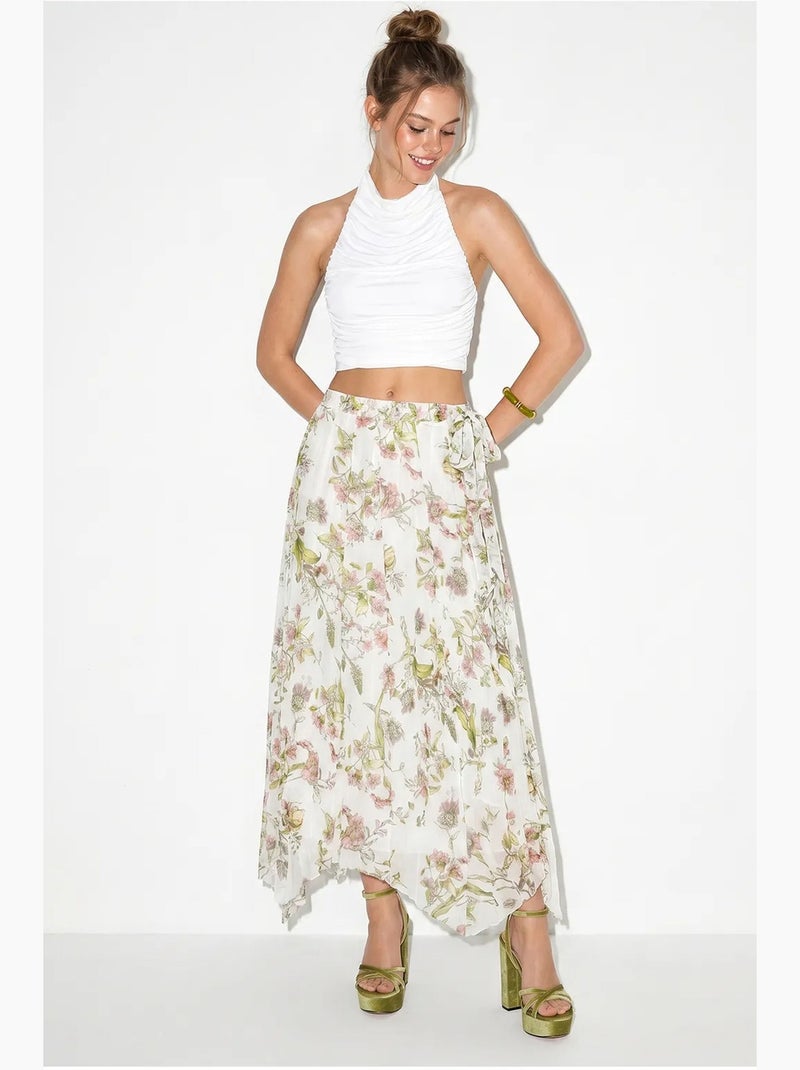 Saia maxi floral de cintura alta lucci Branco Verde - Kiabi