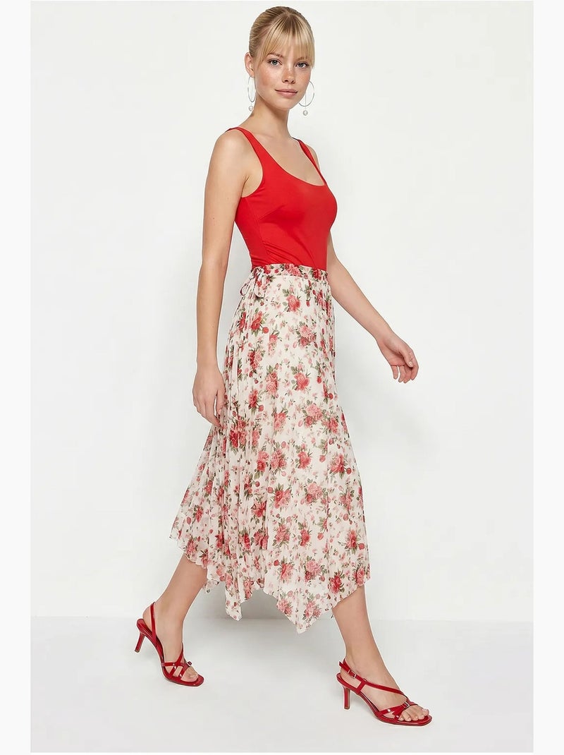 Saia maxi floral de cintura alta lucci Branco Vermelho - Kiabi