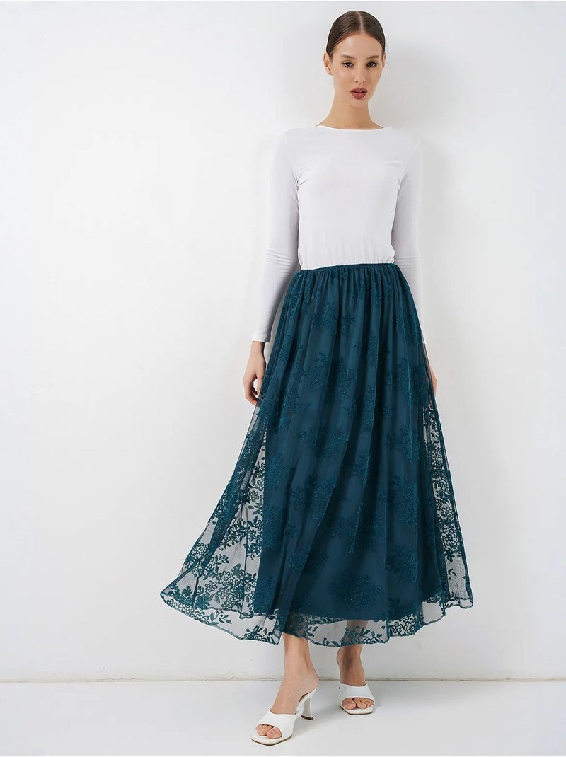 Saia maxi floral de cintura subida bdart Azul-petróleo - Kiabi