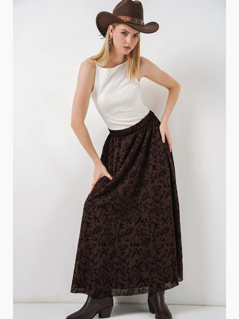 Saia maxi floral de cintura subida bdart Castanho-chocolate - Kiabi