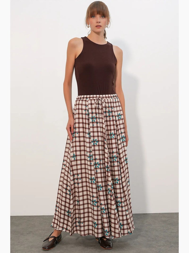 Saia maxi xadrez de cintura alta bdart Creme - Kiabi