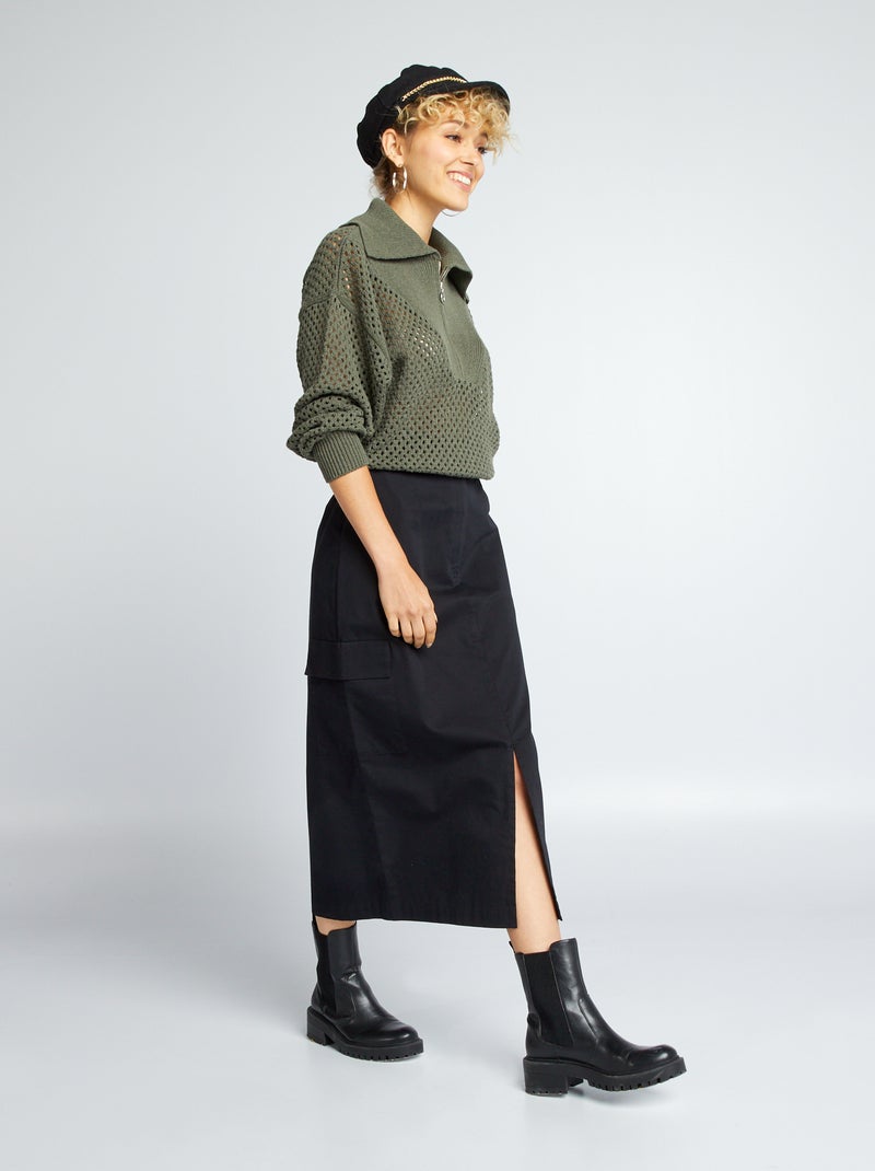 Saia midi com bolsos com aba Preto - Kiabi