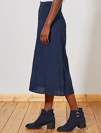 Saia midi com botões e efeito linho - Kiabi