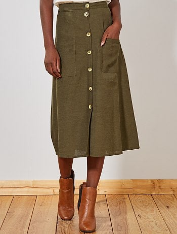 Saia midi com botões e efeito linho - Kiabi