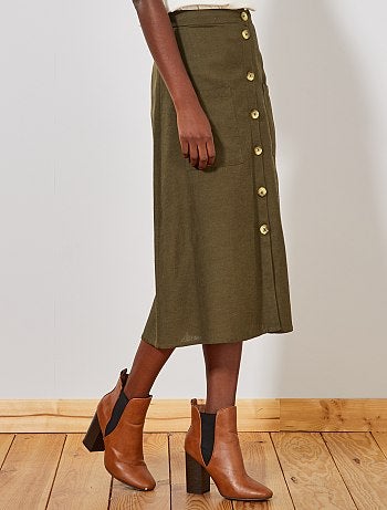 Saia midi com botões e efeito linho - Kiabi