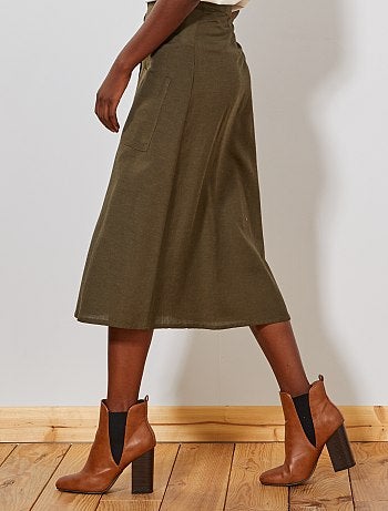 Saia midi com botões e efeito linho - Kiabi