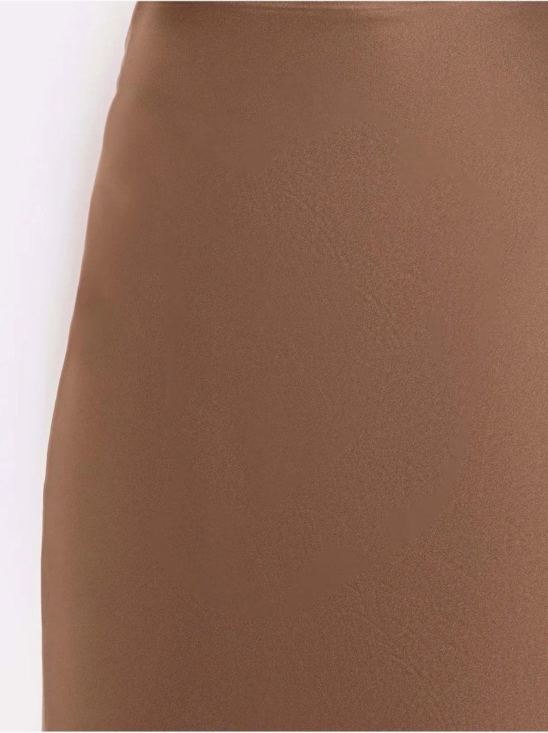 Saia midi de cetim de cintura subida hiccup Camelo - Kiabi
