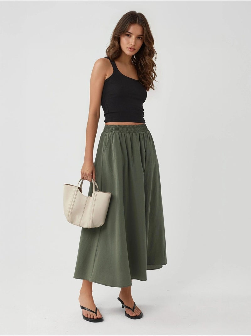 Saia midi de cintura elástica com bolsos busem Verde cáqui - Kiabi