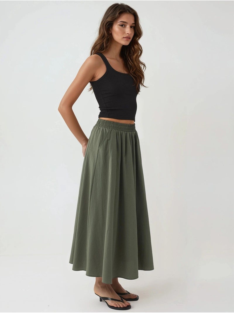 Saia midi de cintura elástica com bolsos busem Verde cáqui - Kiabi