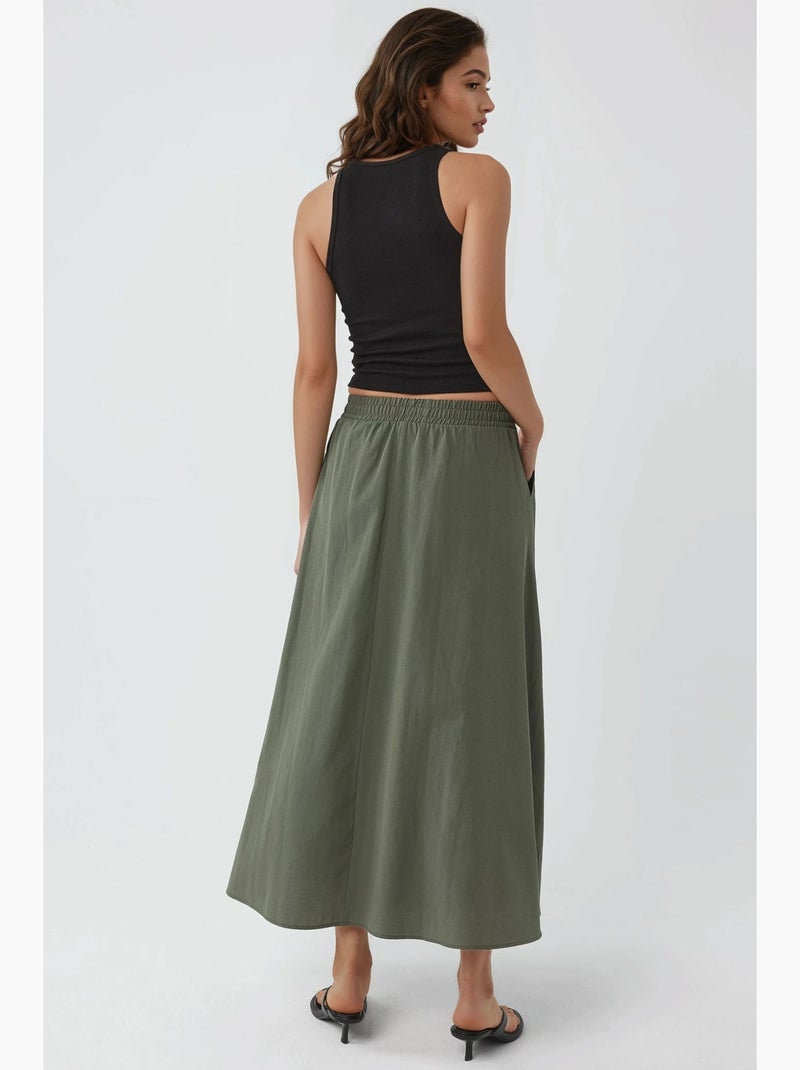 Saia midi de cintura elástica com bolsos busem Verde cáqui - Kiabi
