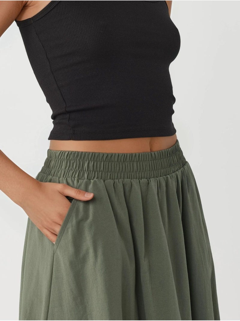 Saia midi de cintura elástica com bolsos busem Verde cáqui - Kiabi