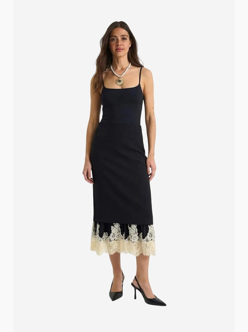 Saia midi de cintura subida com estampado de renda lucci Preto - Kiabi