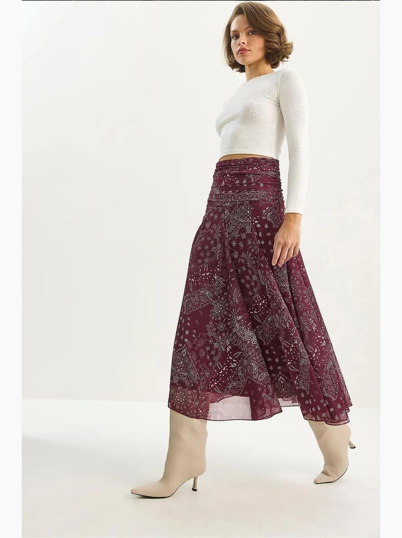 Saia midi de cintura subida com estampado étnico lucci Vermelho bordô - Kiabi