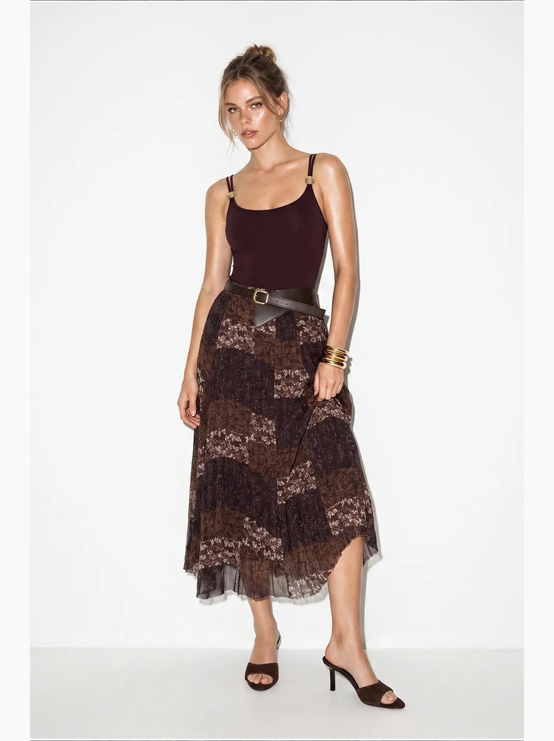 Saia midi de cintura subida com estampado paisley e cinto lucci Preto Castanho - Kiabi