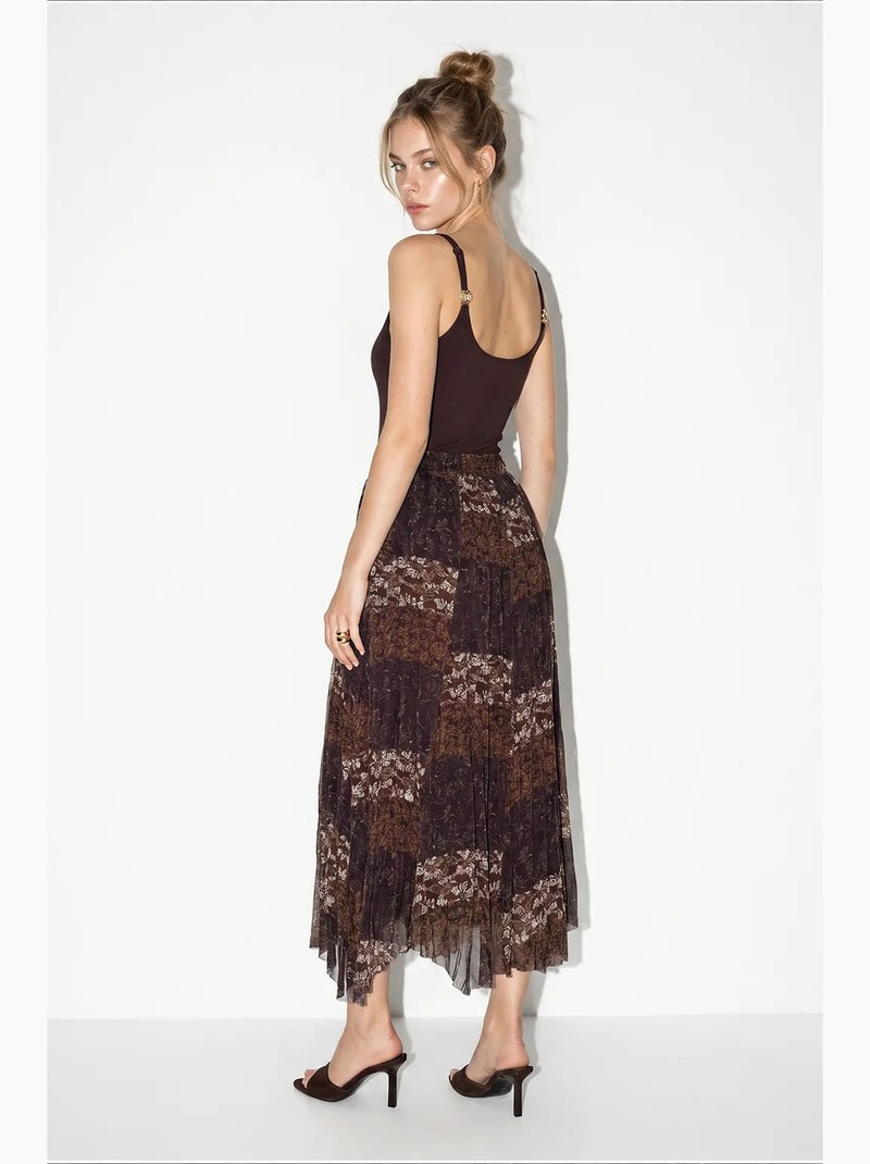 Saia midi de cintura subida com estampado paisley e cinto lucci Preto Castanho - Kiabi