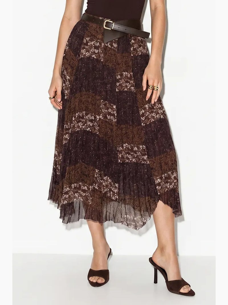 Saia midi de cintura subida com estampado paisley e cinto lucci Preto Castanho - Kiabi