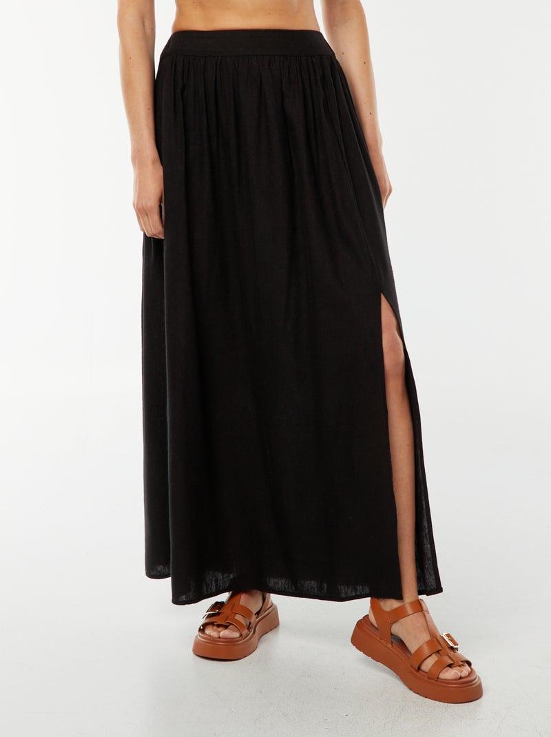 Saia midi de linho misturado com 2 bolsos Preto - Kiabi