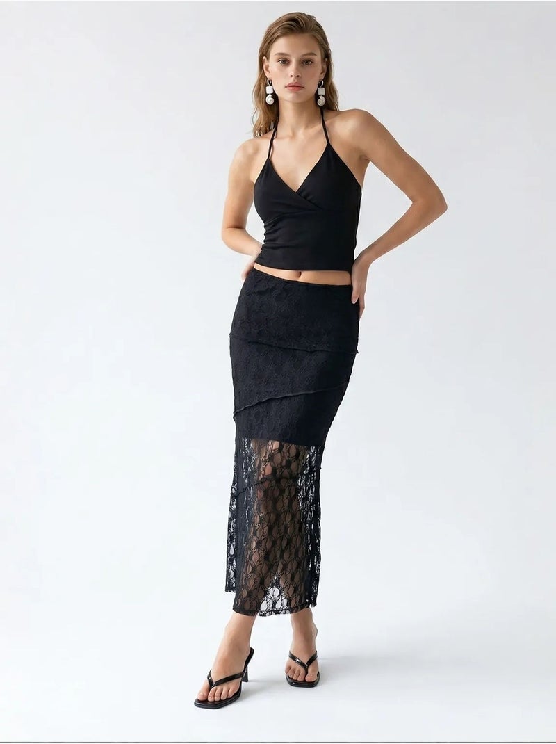 Saia midi de renda de cintura alta mixray Preto - Kiabi