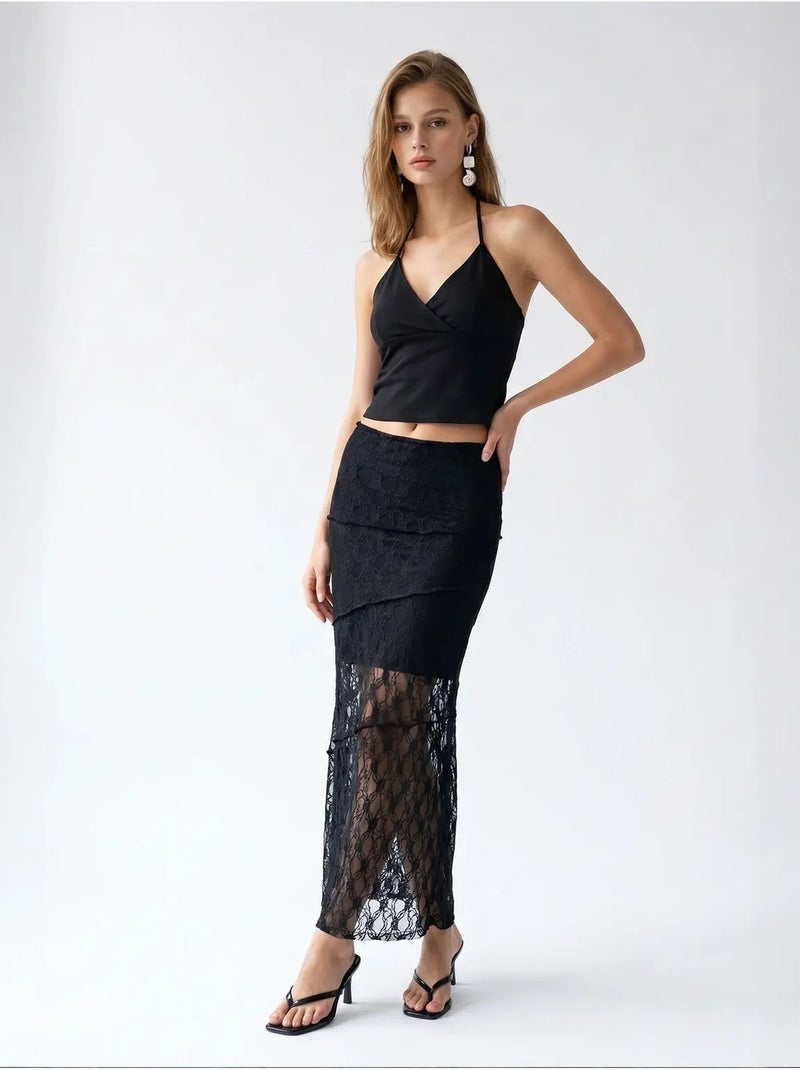 Saia midi de renda de cintura alta mixray Preto - Kiabi