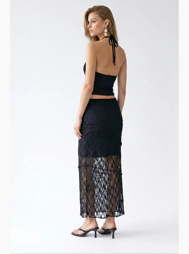 Saia midi de renda de cintura alta mixray Preto - Kiabi