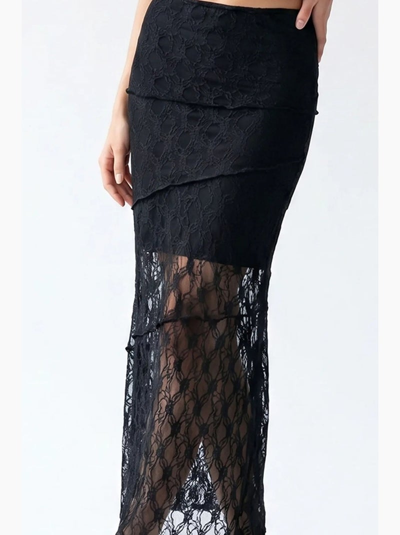 Saia midi de renda de cintura alta mixray Preto - Kiabi